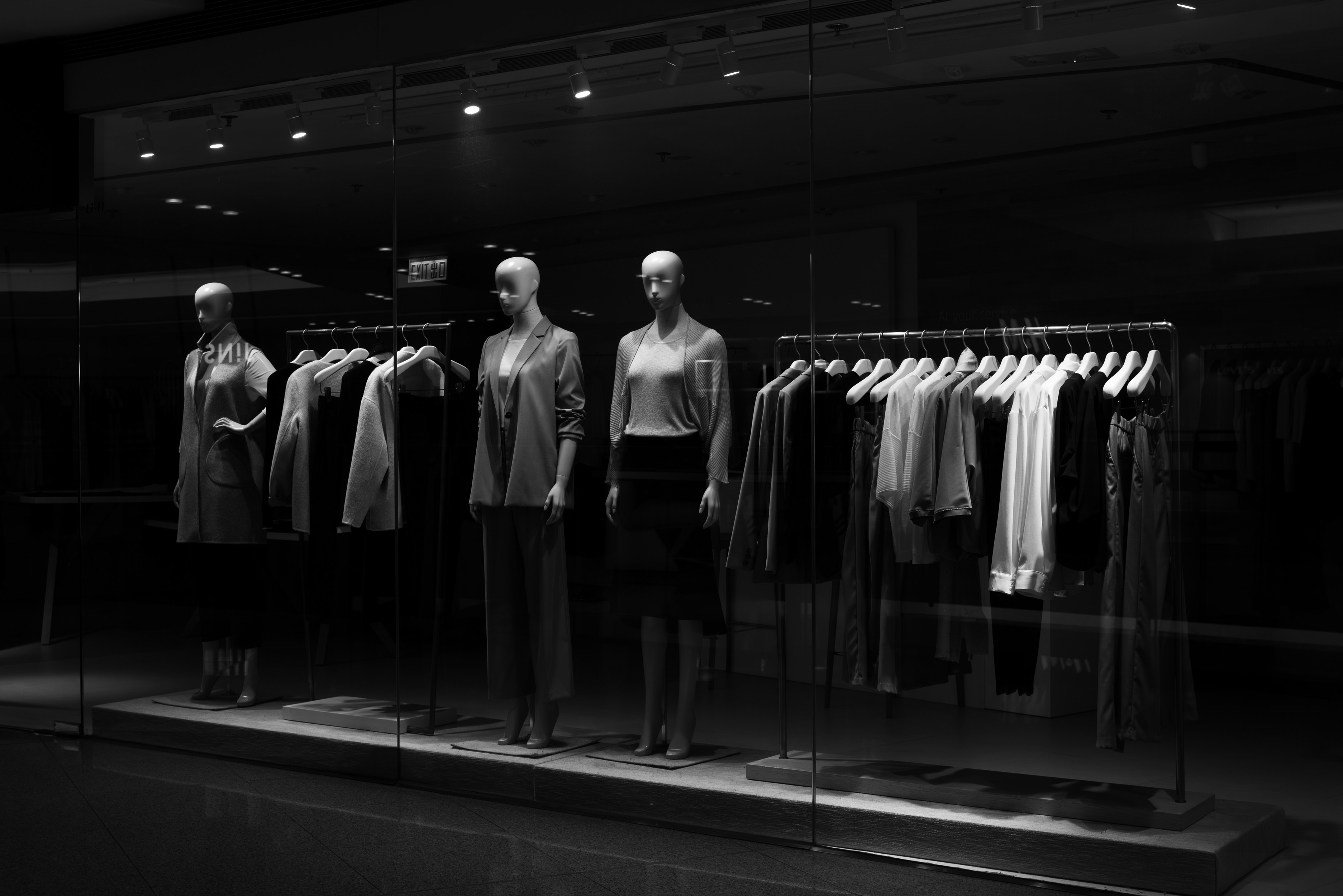 Black and white photo of shop window